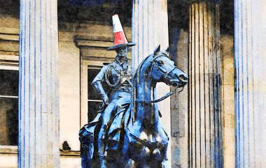 Glasgow 'daki Wellington Dükü Arthur Wellesley' in binicilik heykeli.