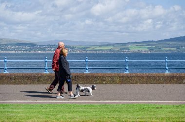 Yaşlı bir çift İngiltere sahillerinde birlikte yürüyor.