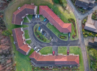 Luxury countryside rural village aerial view from above in Inchmarlo, Aberdeenshire UK