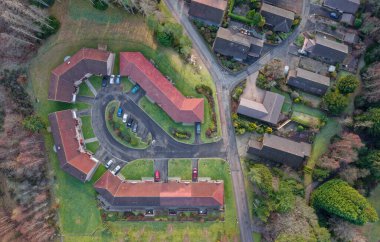 Luxury countryside rural village aerial view from above in Inchmarlo, Aberdeenshire UK