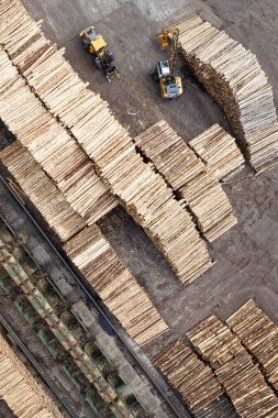 Doğranmış odun yığınları ve İngiltere 'deki makinelerle kereste fabrikası.