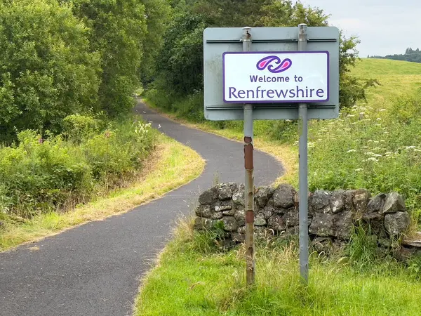 stock image Bridge of Weir, UK, July 14th 2024, Welcome to Renfrewshire sign at area boundary