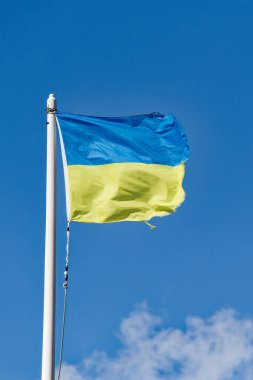 Rüzgarda dalgalanan Ukrayna bayrağı İngiltere 'de yüksekte asılı duruyor.
