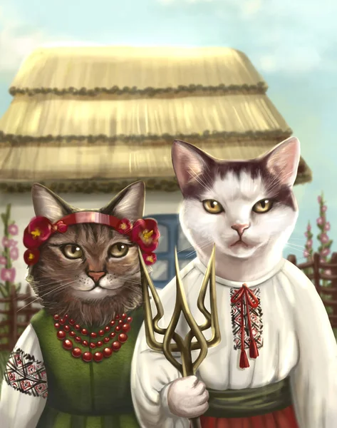Ukrainian Family Cats Background Ethnic Hut — Stok fotoğraf