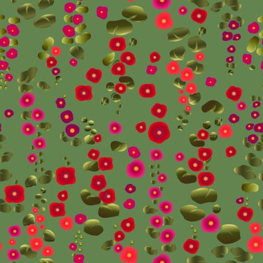 seamless pattern with bright hollyhocks flowers, vector floral pattern, green