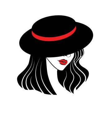  Zarif şapkalı ve kırmızı dudaklı bayan, vektör çizimi