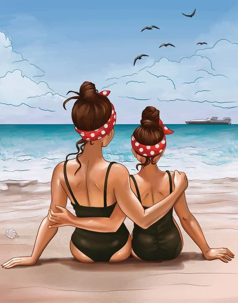 Δύο Κορίτσια Στην Παραλία Μαγιό Απεικόνιση — Φωτογραφία Αρχείου