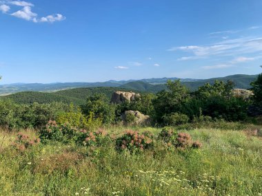 Yalnız bir figür kayalık bir çıkıntının tepesinde, berrak mavi gökyüzünün altındaki Rodop Dağları 'nın engin genişliğine bakıyor..