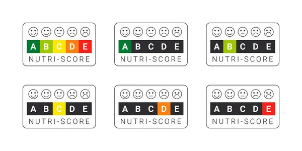 stock vector Nutri-score labels with emoticons. Food rating system signs. Health care nutrition indicator. Nutri-score stickers. Vector illustration