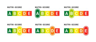 Nutri-score rozet konsepti. Yemek derecelendirme sistemi. Sağlık hizmeti beslenme göstergesi. Nutri-skorluk çıkartmalar. Vektör illüstrasyonu