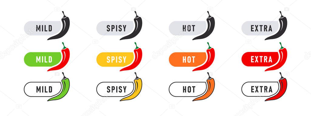 Pepper spicy level icons. Hot natural chili pepper symbols. Spicy and hot. Vector illustration