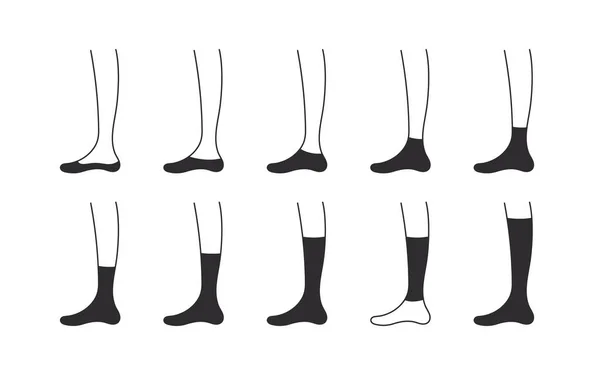 Çorap Ikonları Siyah Çorap Modelleri Çeşitli Türde Çoraplarla Dolu Giysi — Stok Vektör