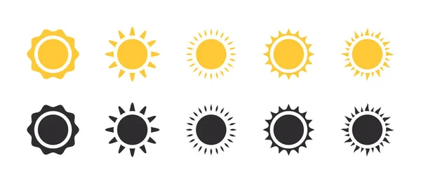 Sun icons set. Sun stars. Sunlight signs. Sunshine and solar glow. Vector illustration