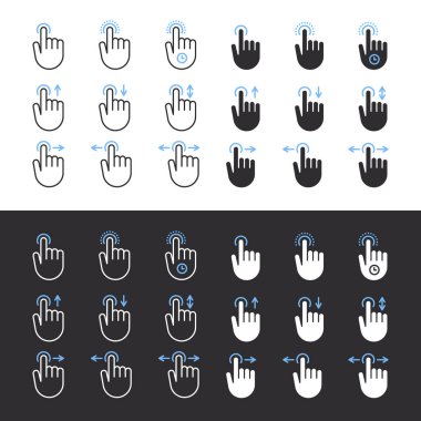 El tıklama simgeleri. El hareketleriyle. Eller ve diğer jestler. Vektör ölçeklenebilir grafikleri