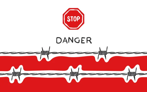 Stacheldraht Hintergrund Mit Stacheldraht Und Rotem Stoppschild Vektorskalierbare Grafik — Stockvektor