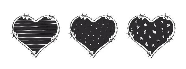 Cœur Rasoir Trois Cœurs Noirs Avec Fil Barbelé Des Textures — Image vectorielle