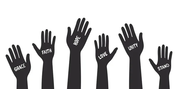 Güzel Sloganları Olan Eller Kaldırılmış Siluetler Farklı Eller Vektör Ölçeklenebilir — Stok Vektör