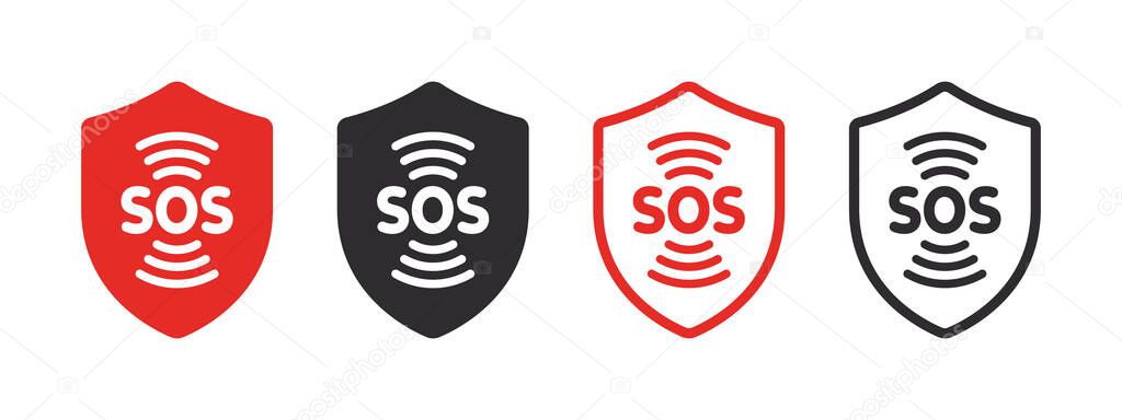 SOS Emergency icons. SOS signs in the form of shields. Help service sign. Vector scalable graphics
