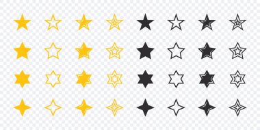 Yıldız simgeleri ayarlandı. Sarı ve siyah yıldız simgeleri. Vektör ölçeklenebilir grafikleri