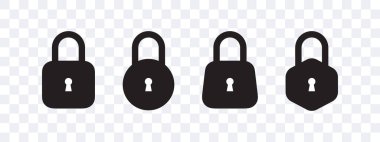 Simge koleksiyonunu kilitle. Çeşitli şekillerde asma kilit simgeleri. Vektör ölçeklenebilir grafikleri