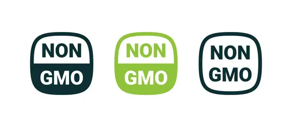 Símbolos Alimentarios Modificados Genéticamente Emblemas Transgénicos Productos Naturales Ecológicos Gráficos — Vector de stock