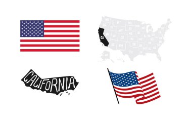 Kaliforniya Eyaleti. Amerikan bayrağı. ABD Haritası