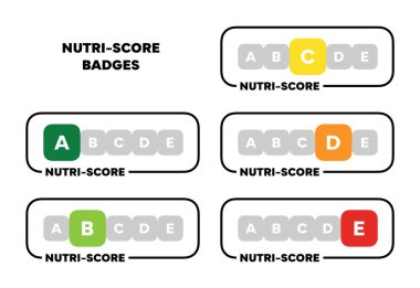 Nutri-Puan etiketleri. Sağlıklı yemek rozetleri.