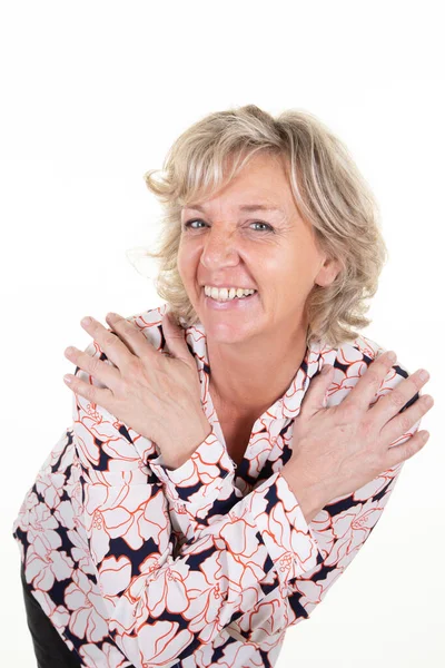 Vacker Kvinna Senior Händer Fingrar Byst Bröstet Ser Ansikte Vit — Stockfoto