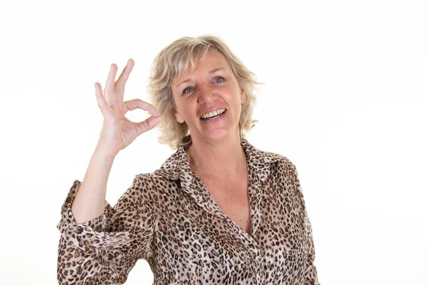 Senior Woman Making Showing Hand Sign Fingers White Background — Stock Photo, Image