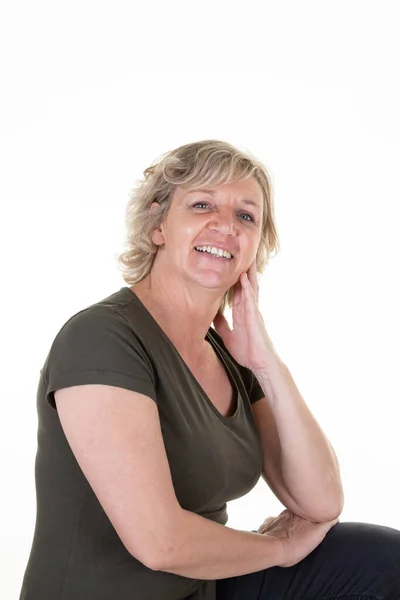 Smiling Mature Woman Blond Posing White Studio Background — Stock Photo, Image