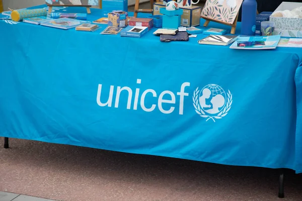 stock image Bordeaux , Aquitaine  France - 11 06 2022 : unicef sign text and brand logo on blue flag international organization united Nations Children Fund