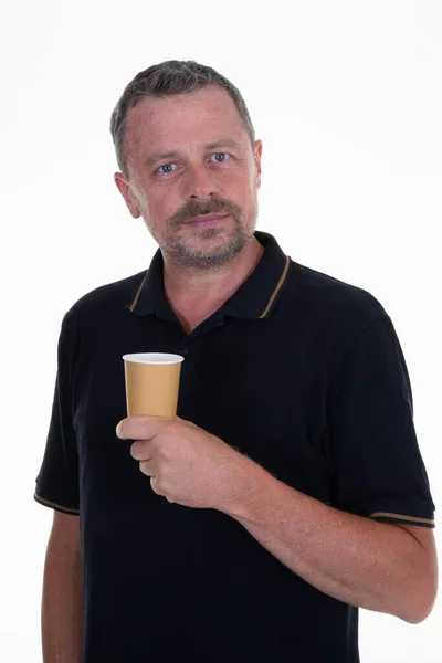 Άνθρωπος Που Λαμβάνει Κουτί Ζεστό Ρόφημα Διάλειμμα Καφέ Κενό Άδειο — Φωτογραφία Αρχείου