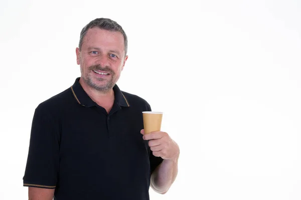 Man Black Shirt Cardboard Cup Brown Coffee Smiling Camera Posing — Stock Photo, Image
