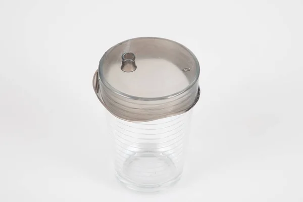 Empty Plastic Glass Condom Cup Drug White Background — Stock Photo, Image