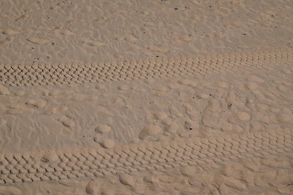 在沙漠沙滩上的沙丘上的细沙上的轮胎车辙 — 图库照片
