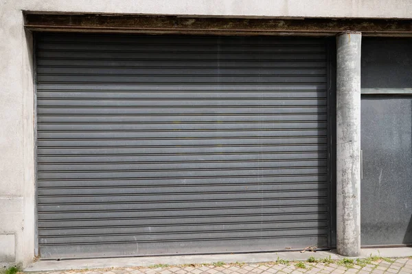 Metallic Gray Curtain Facade Store Closed Roller Grey Garage Gate — Stock Photo, Image