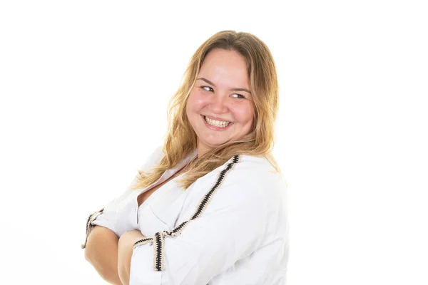 stock image overweight woman smiling happy crossed arms in friendly attitude look back