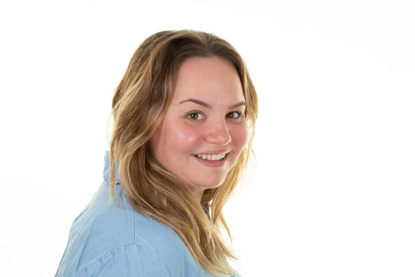 Stock image Plus size girl in blue shirt fat woman portrait on white background