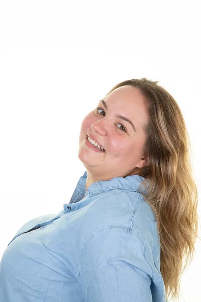 Otyłość Kobieta Uśmiechnięta Szczęśliwy Ładny Pewny Siebie Pozytywny Profil Portret — Zdjęcie stockowe