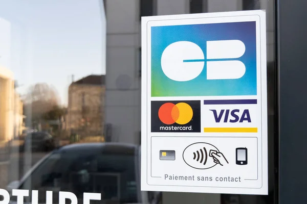 stock image Bordeaux , Aquitaine  France - 12 05 2022 : CB mastercard visa brand text contact less payment and sign logo of shop accepted credit cards accepted