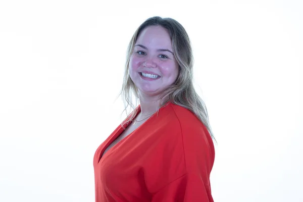 stock image oversize model blond smiling woman portrait profile red shirt on white background