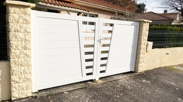 portal street suburb home white high metal aluminum house gate slats garden access door