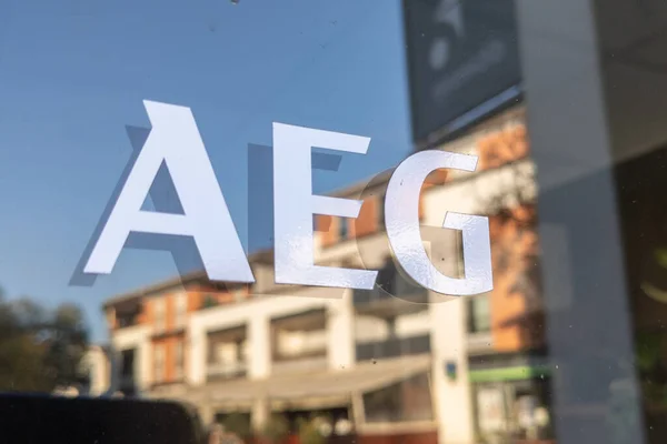 stock image Bordeaux , Aquitaine France - 12 12 2022 : AEG electronic corporation logo brand shop and text sign on multinational home appliance manufacturer