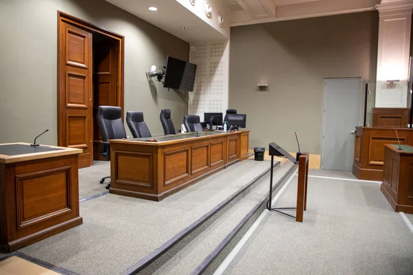 stock image Bordeaux , Aquitaine  France - 01 01 2023 : empty courtroom with judge and clerks workplace courthouse interior justice court