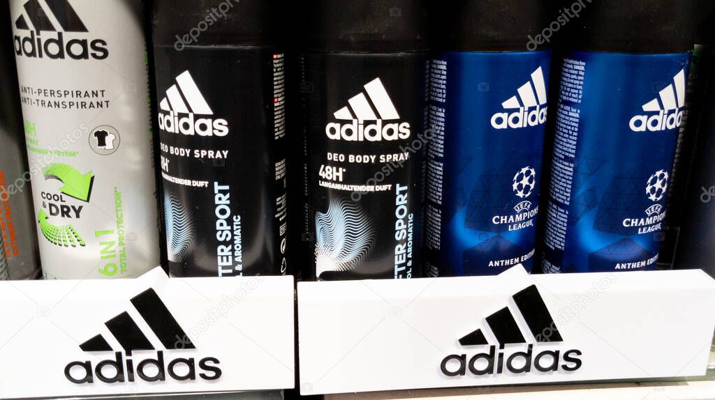 Nice , PACA France - 01 07 2023 : Adidas and text sign anti perspirant product displayed at supermarket 2023
