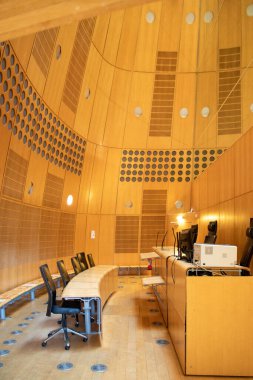 Bordeaux , Aquitaine  France - 01 15 2023 : empty courtroom with judge and clerks workplace modern design interior wooden courthouse justice court