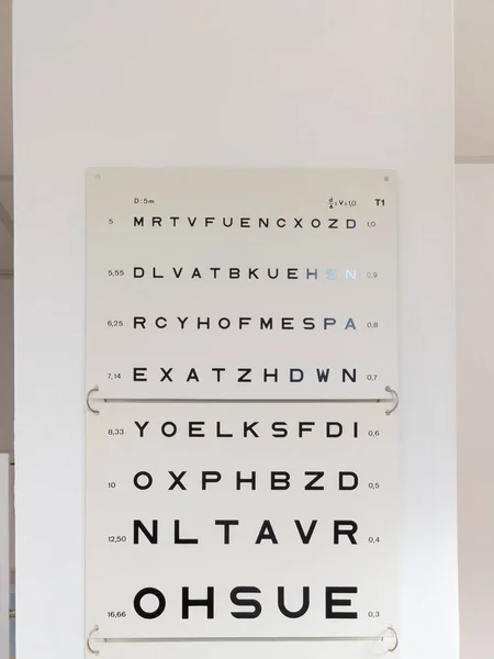 eye testing board optic for verification of the patient optician Testing letters on white background