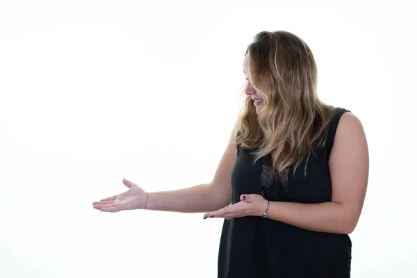 curvy woman side presenting open palm hands demonstrating something object right side