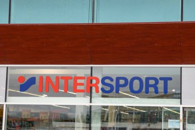 Bordeaux , Aquitaine  France - 02 27 2023 : intersport sporty brand sign and text logo facade wall sport store international shop sporting goods retailer