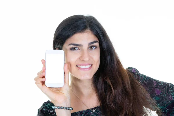 Mujer Feliz Sosteniendo Presentación Teléfono Celular Mano Con Blanco Maqueta —  Fotos de Stock